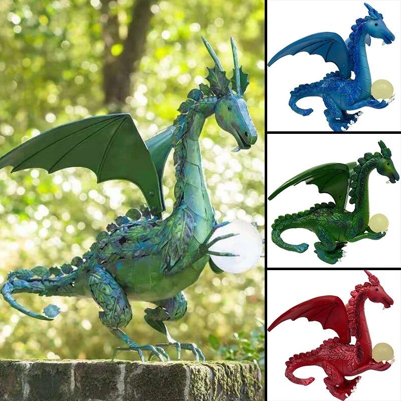 

Green Dragon Statue Cute Garden Dragon Figurines With LED Lights For Home Decor