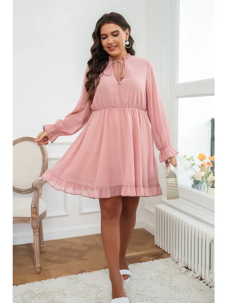 New plus size women short-sleeved V-neck fashion slim ruffled waist pink short dress plus size outfits  party dresses