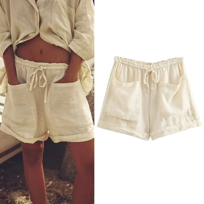 

TRAF Front Patch Pockets Short For Woman 2023 Summer Adjustable Elastic Waist With Drawstring Shorts Casual Menswear Style Lady