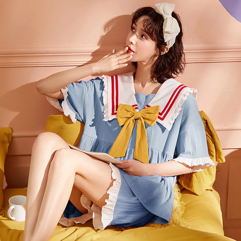 nightgown female summer short sleeve short cotton sweet  lovely women student large spring  autumn home clothes