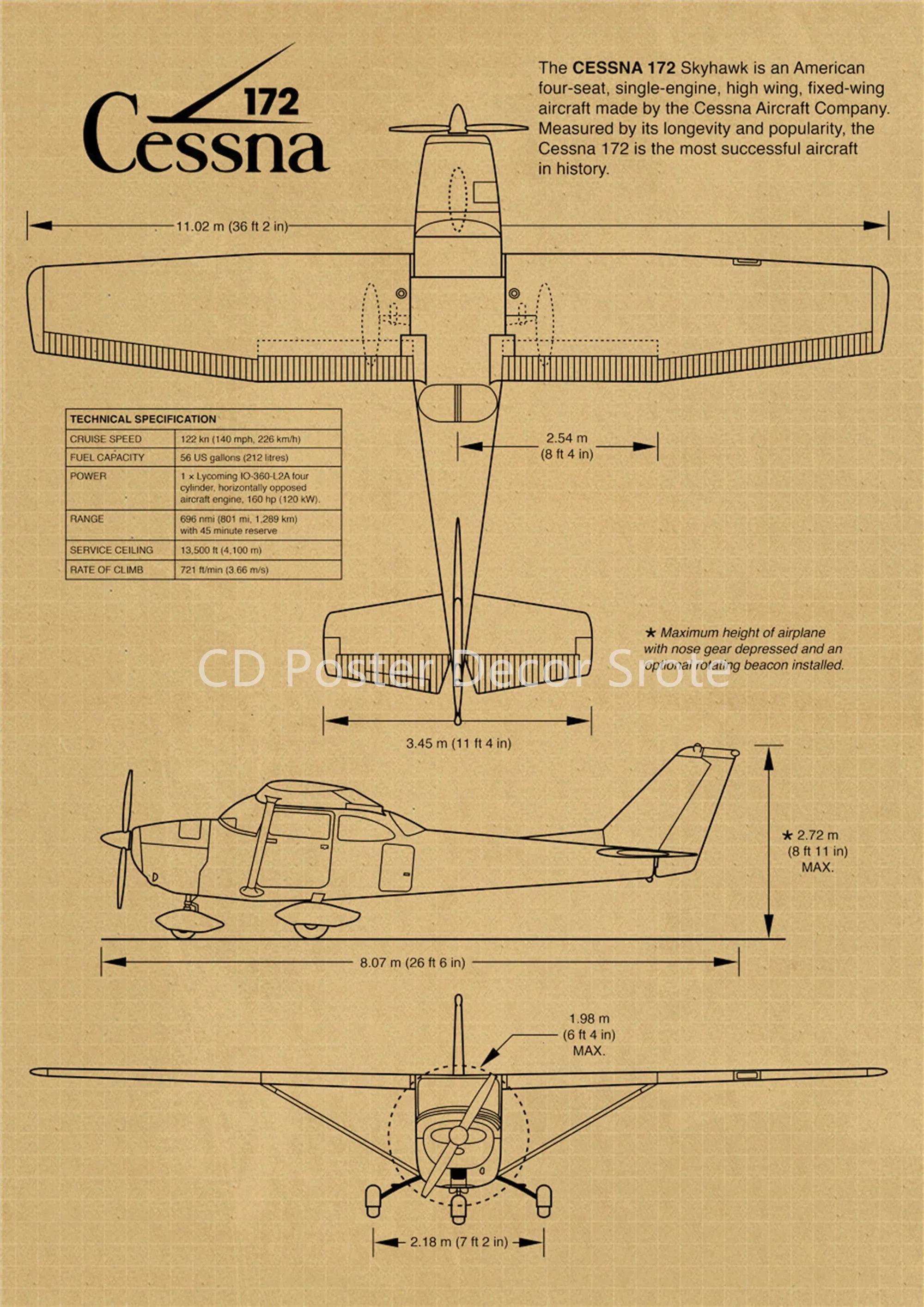 Винтажный постер самолета Boeing, крафт-бумага