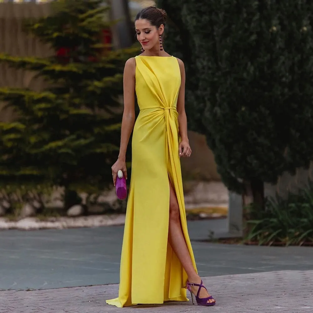 

Gold Yellow Formal Evening Dress Boat Neck Arabia Sleeveless Celebrity Gown Side Slit Pleat Flowers Prom Party Dress robe soiree