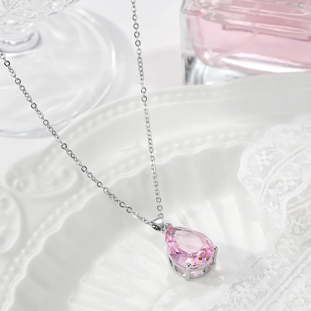 Luxury Simple Women's Necklace Charms Silver Colour Daily Wear Jewelry Pink Zircon Water Drop Pear Shaped Pendant Clavicle Chain