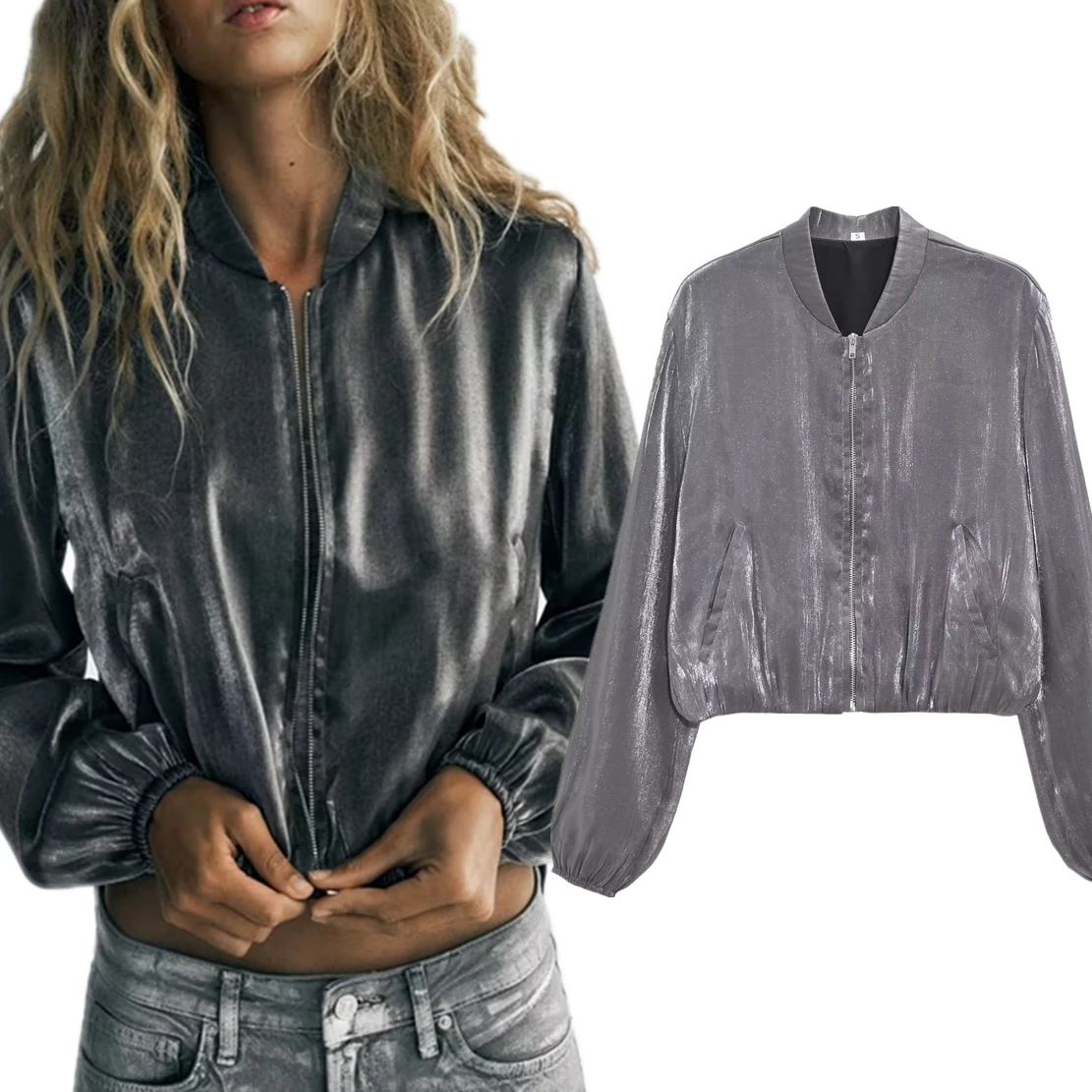 

Withered Autumn British High Street Retro Metallic Silver Zipper Bomber Jacket For Women