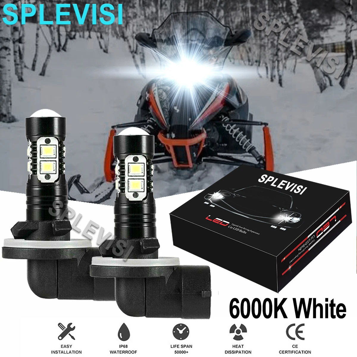 2PCS 6000K Bright White 50W LED Headlights Kit For Arctic Cat Snowmobiles Crossfire 500 600 700 800