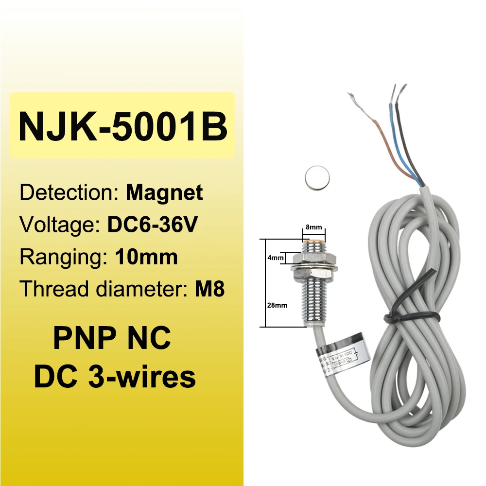 

Переключатель Холла NJK-5001A/5002B/8001C/8002D Индуктивный магнитный датчик приближения M8/M12 NONC Расстояние обнаружения 10 мм DC6-36V NPN PNP