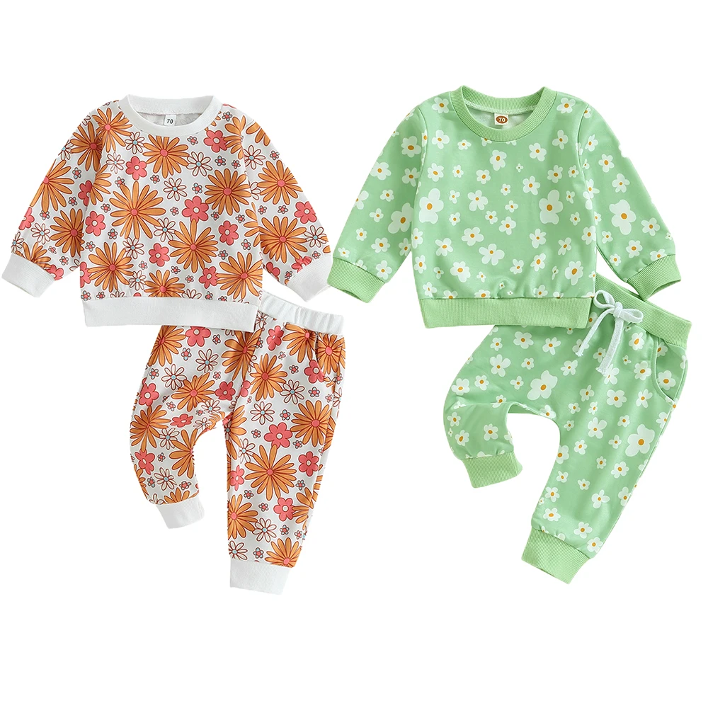 

Toddler Kids Baby Girl Fall Outfits Flower Print Crew Neck Long Sleeve Sweatshirts Elastic Waist Long Pants 2Pcs Clothes Sets