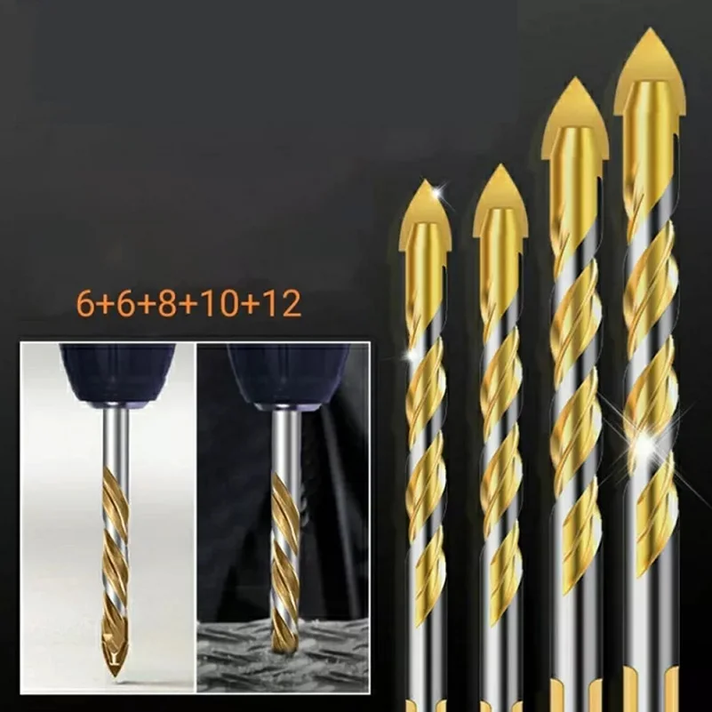 5pcs Tungsten Carbide Drill Bit Set 6-12mm Triangular Shape Handle Drill Bits For Porcelain Tile Concrete Brick Glass Power Tool