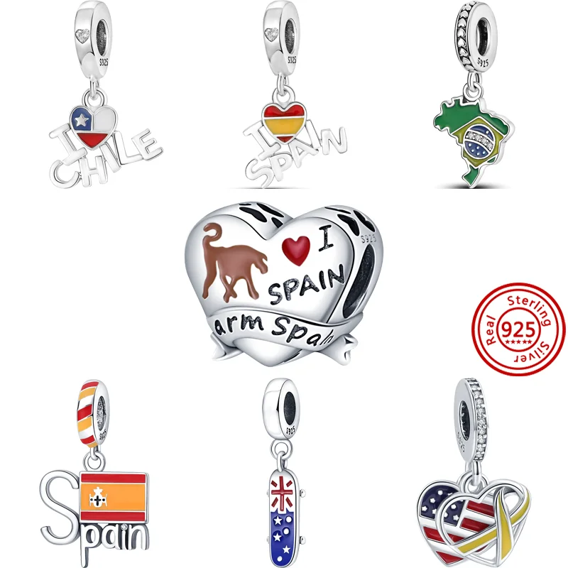 

925 Sterling Silver I Love Spain Chile Brazil USA UK Flag Pendant Fine Beads Fit Original Pandora Charms Bracelet Women Jewelry