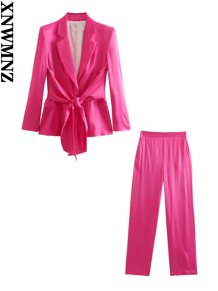 

XNWMNZ 2022 Women Fashion Front Button With Bow Tied Satin Blazer Coat Vintage High Elastic Waist Wide Leg Pants Female Suits