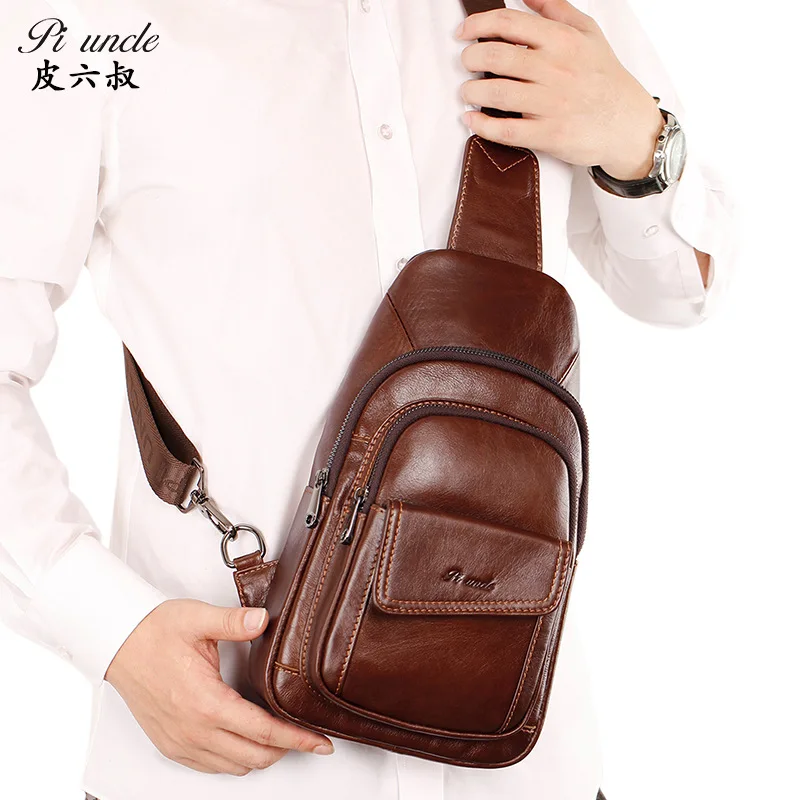 Men's Leather Chest Bag Casual One-shoulder Crossbody Bag Multifunctional Chest Diagonal Backpack Large Capacity Retro