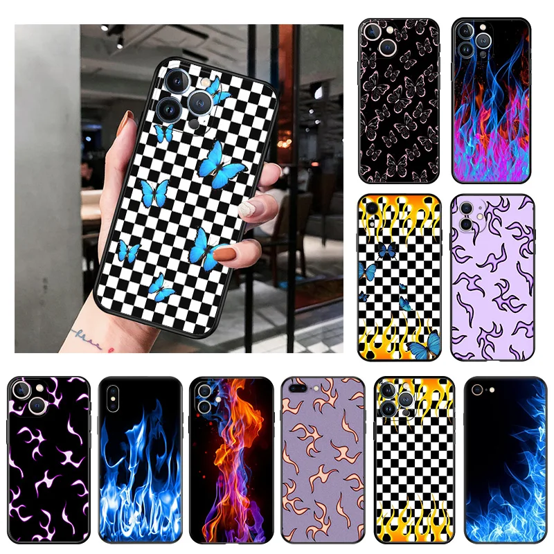 

Silicone Black Phone Cases Cover for iPhone 11 14 Pro Max 12 13 Mini XR SE 7 8 6 6s Plus XS X SE3 11Pro Red Flame Blue Fire