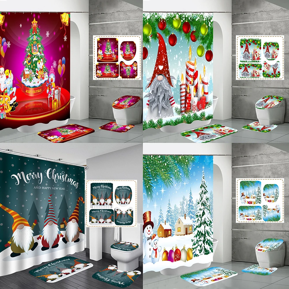 

Christmas Gnomes Shower Curtain Set Non-Slip Bath Mat Toilet Rug Funny Santa Winter Snowman Scenery Xmas Tree Bathroom Curtains