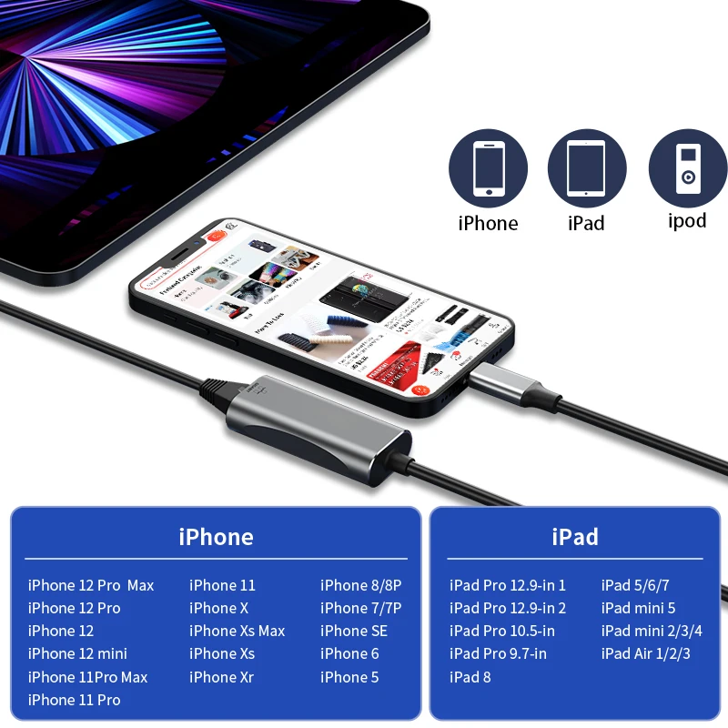 Ethernet-адаптер для iPad iPhone 13 серии Lightning к RJ45 1000 Мбит/с LAN проводной сетевой кабель 5 6 7