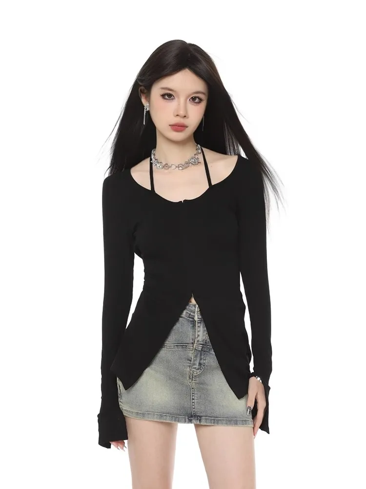 Облегающий уличный свитер в стиле ретро y2k соблазнительный черный женский