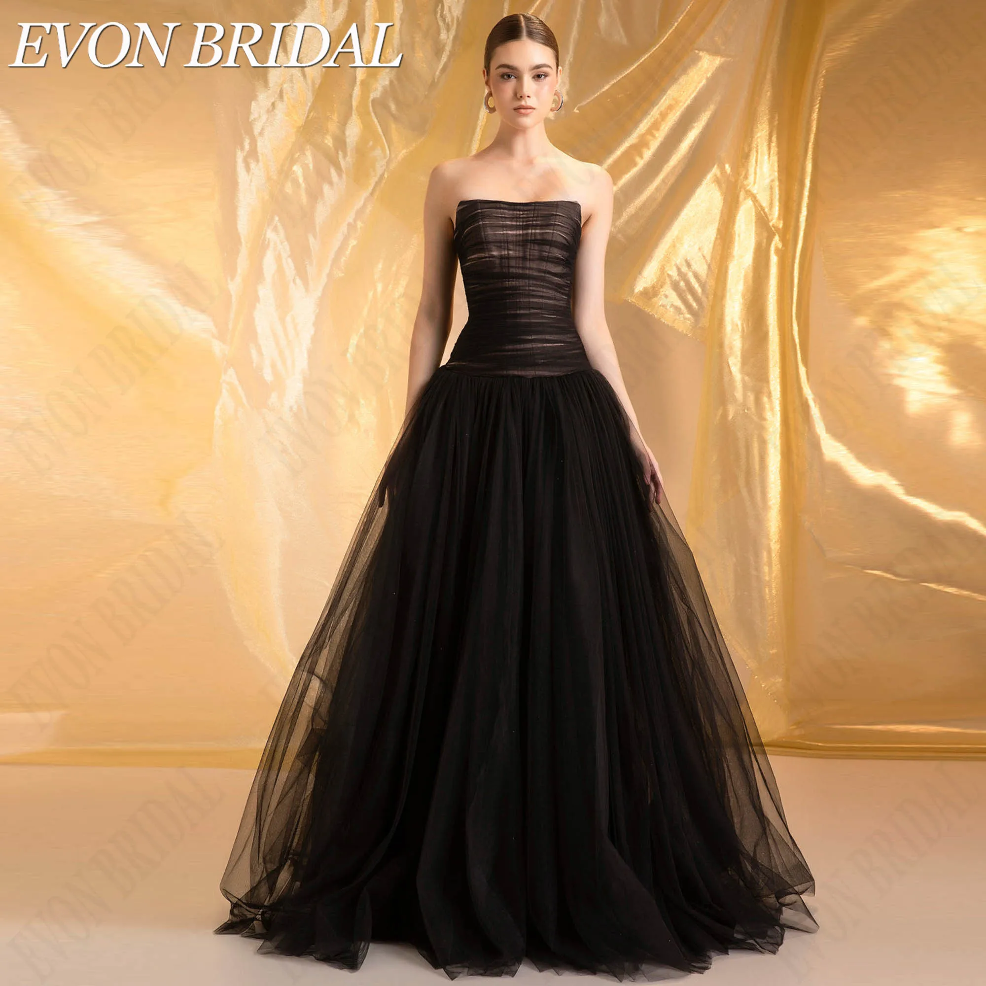 Фото EVON BRIDAL Бесрукавный Банд топ С Горизонтальными Складками Из Тюля Многослойный Легкий Черный Тюль Длинная Очень Широкая А-Линия Юбка Платья С Молнией На Спине Сделанные На Заказ На Официальные Вечерние Мероприятия №1