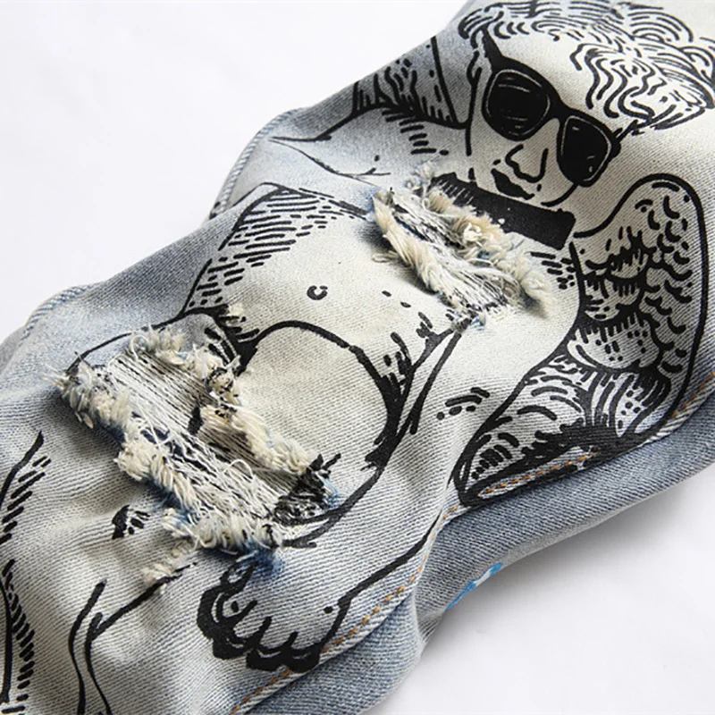 Men's Fashionable Printed Jeans Trendy Figure Slogan Blue Stretch Pants Retro Punk Button Fly Hole Split Fit Straight Pants