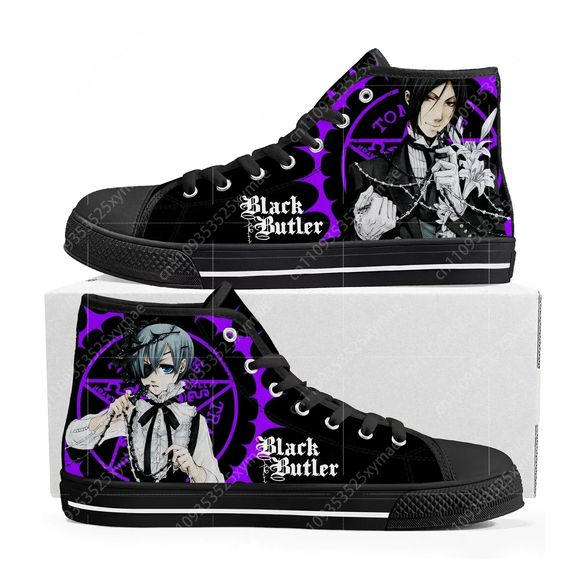 Фото Кроссовки Black Butler High Top для мужчин, женщин и подростков, высококачественные кеды из канваса, повседневная обувь в стиле японского аниме, изготовленная на заказ №1