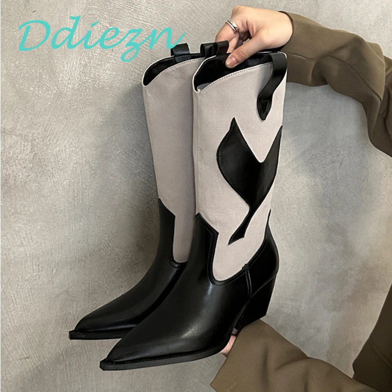 

Женские сапоги до середины икры, с острым носком, на квадратном каблуке