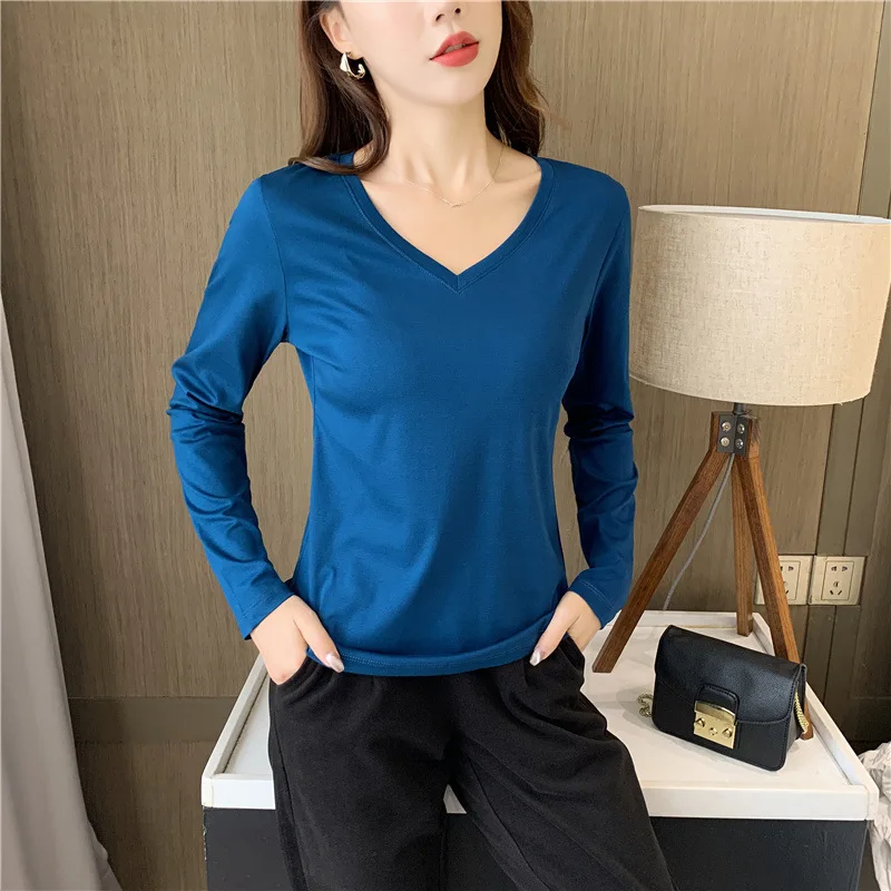 

2021 NEW FASHION WOMEN 2022 Women's T-Shirt Solid Color V-Neck Top Long Sleeve Bottoming Shirt