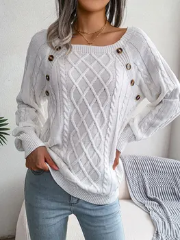 Autumn Knitted Sweater Women Jumper Ladies Button Argyle Sweater Pullover Women Acrylic Loose Long Sleeve Sweaters For Women 1