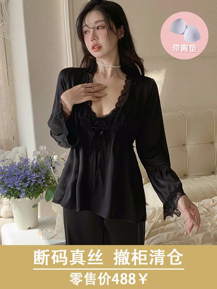 With Chest Pad Silk Pajamas Women Spring and Autumn Long sleeve Sling Trousers Three-Piece Suit Home Wear Can B...
