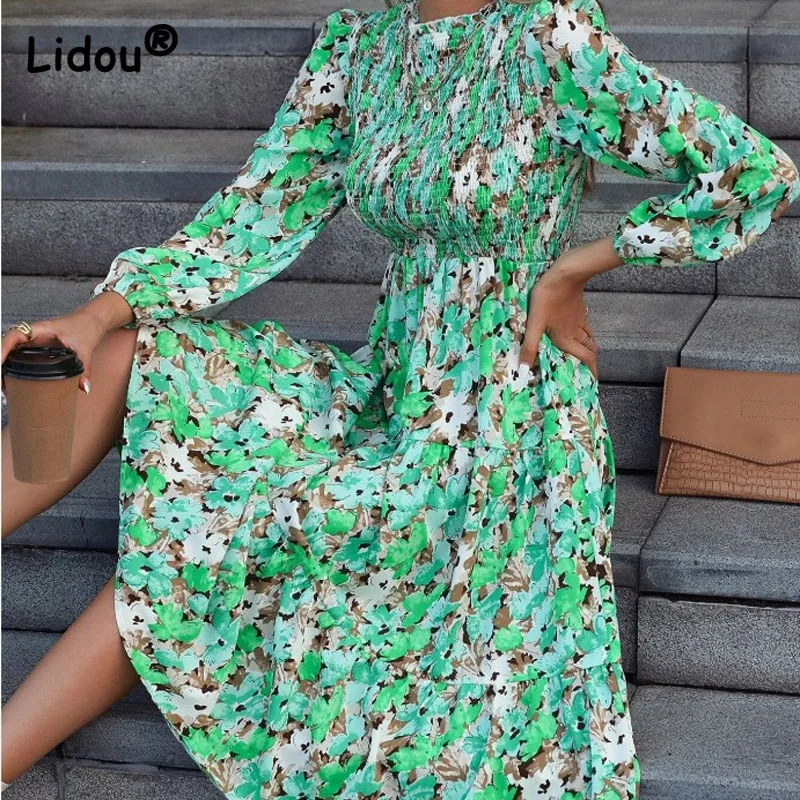 Chiffon O-Neck Green Blue Colour Puff Sleeve Floral Printing Mid-calf Women Dresses Bohemian Style Ruched Cake Skirt Slim Wild