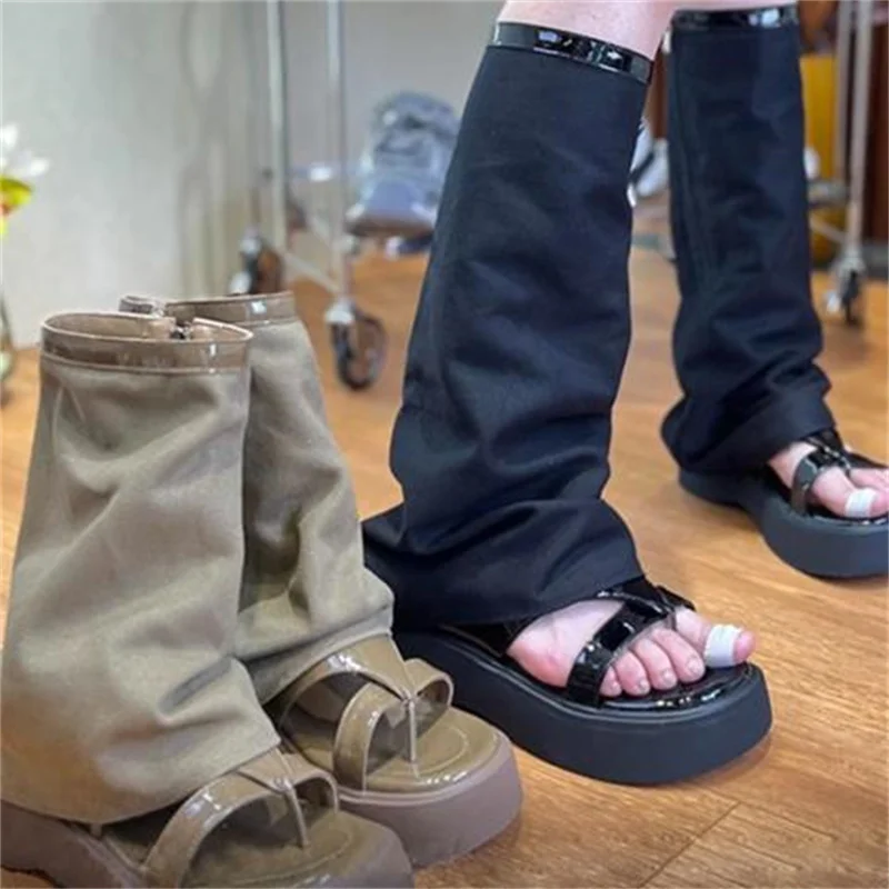 

Denim Ladies Shoes Pants Boots Increasing Height Sandals Round Toes Women's Solid Chaussures Side Zipper Leather Femme Sandalias