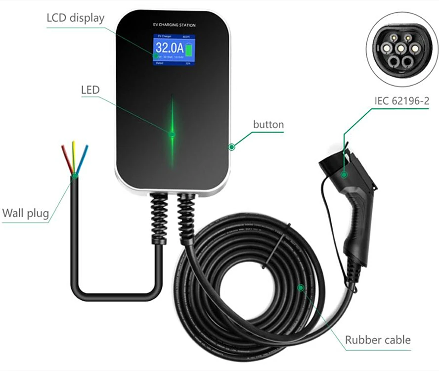 evse wallbox 7kw 32a ev car charger wallmount electric vehicle charging station type 2 ev cable iec 62196 2 1 phase for audi bmw free global shipping