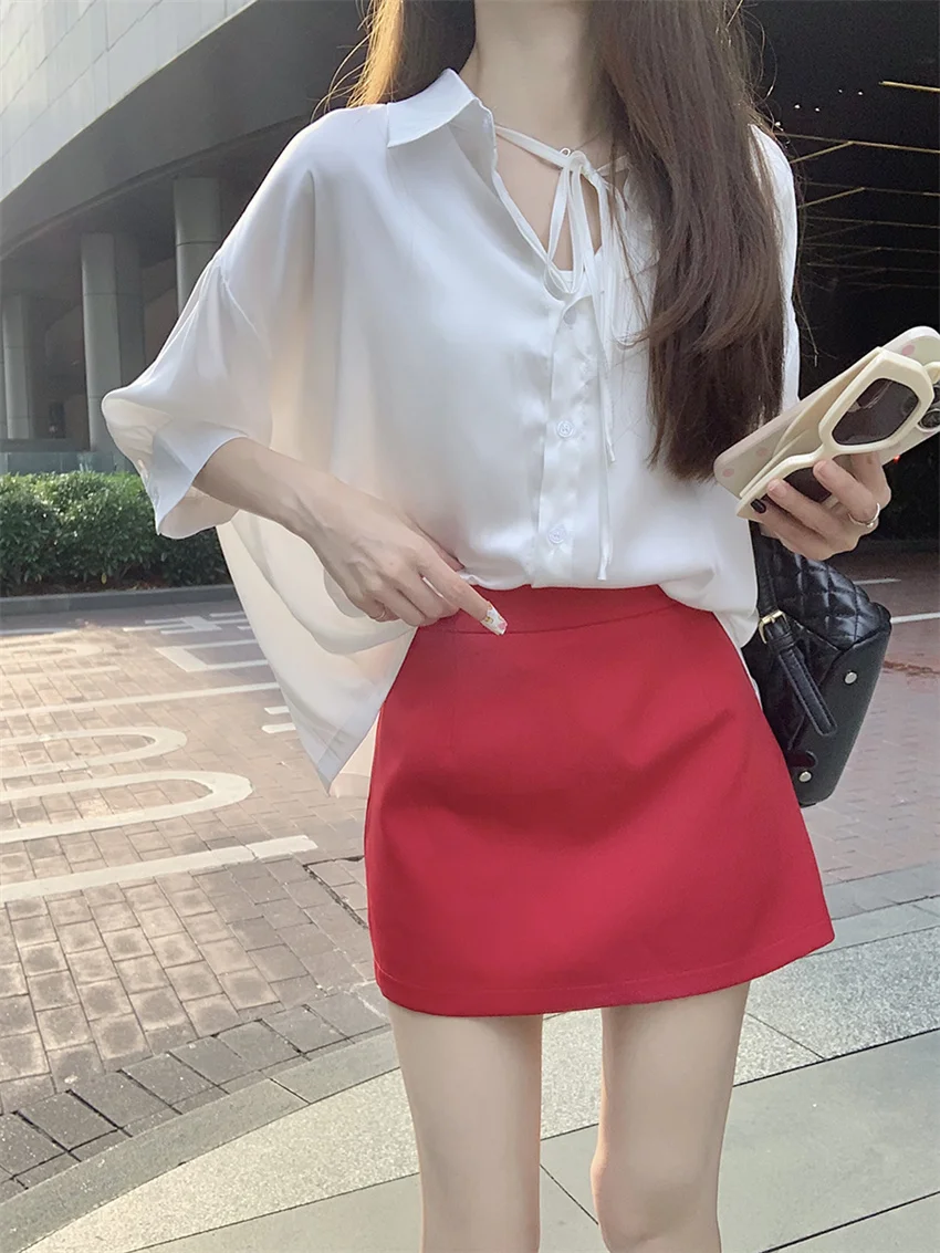 Женская Офисная рубашка Alien Kitty белая свободная элегантная красная мини-юбка