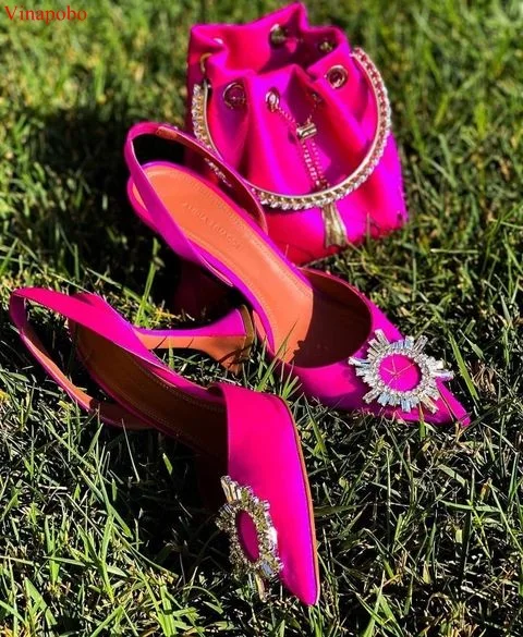 

Женские атласные туфли-лодочки Vinapobo, розово-красные туфли на высоком каблуке, с острым носком, со стразами