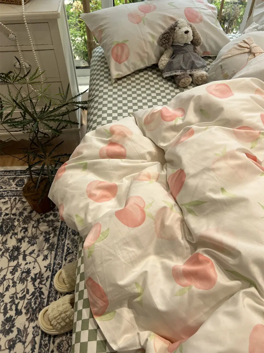 

Комплект постельного белья персикового цвета для подростков, Симпатичный хлопковый двойной комплект постельного белья с простыней и навол...