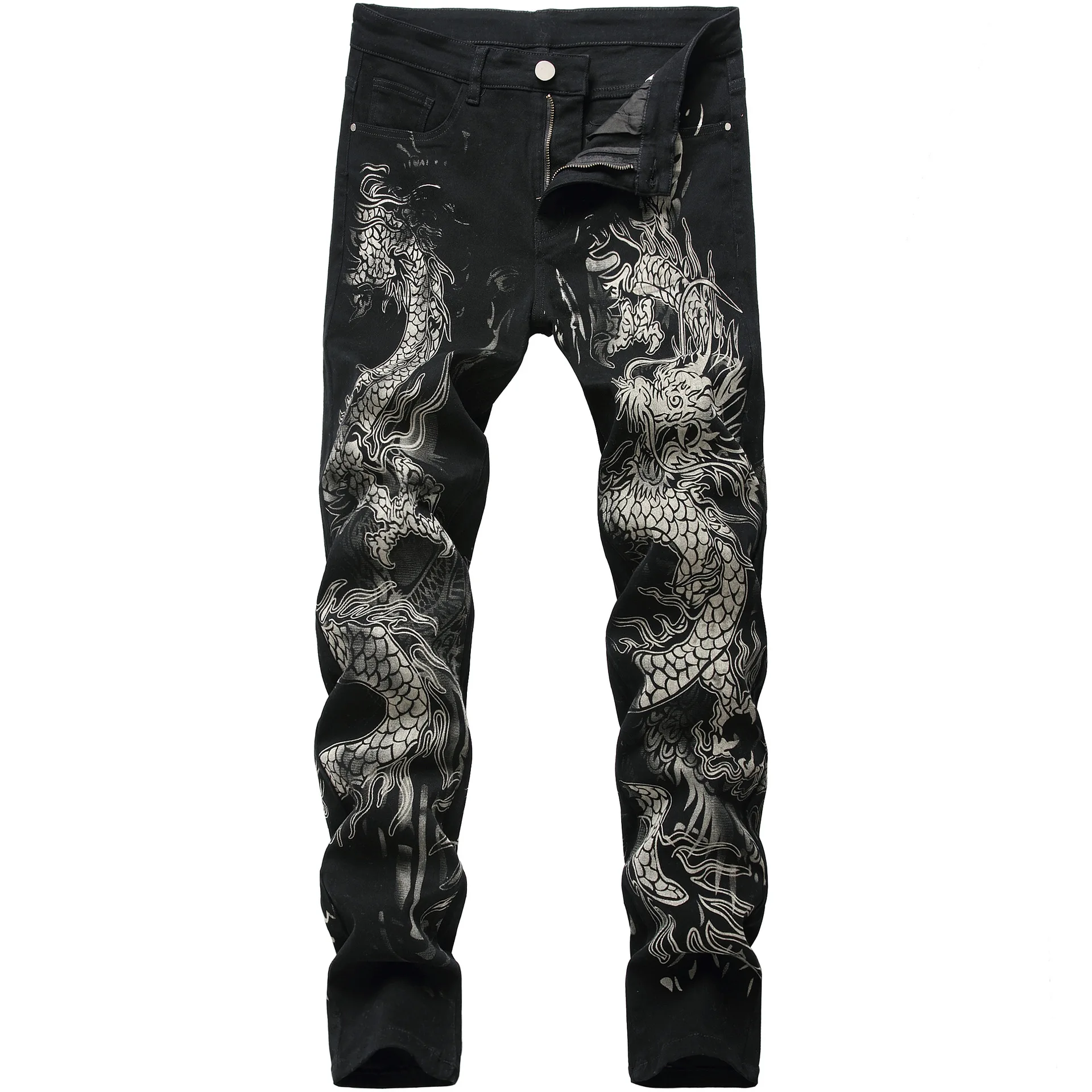 

Fashion Dragon Printed Jeans Design Mens Denim Pants Hot Men's Original Brand Casual Cotton Slim Pencil Pants Male Black Jeans