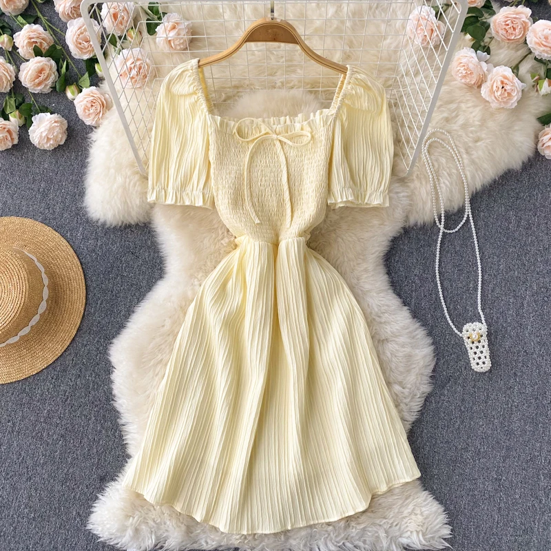 

WEIHAOBANG 2022 Summer Women's New Solid Color Dress Square Neck Short Sleeve High Waist Short Skirt Casual Loose Dress