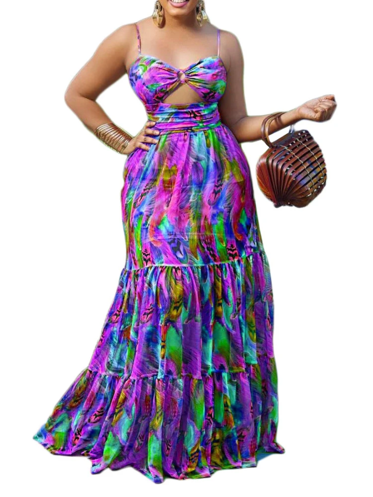 Summer new long dress slip print sexy fashion style swing skirt party dresses plus size dresses
