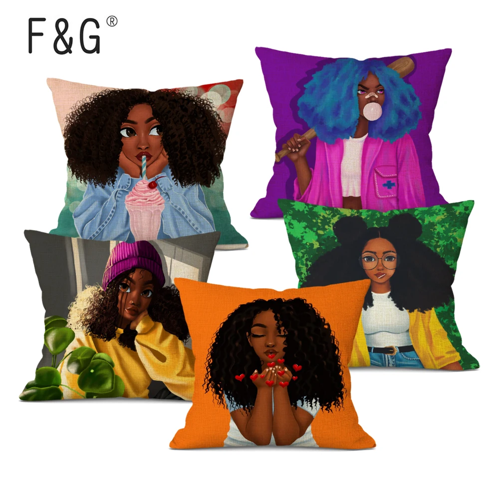 African American Decorative Pillowcase, African Girls Cushion Cover,Square Linen Pillow Case, Fashion Home Sofa Decor