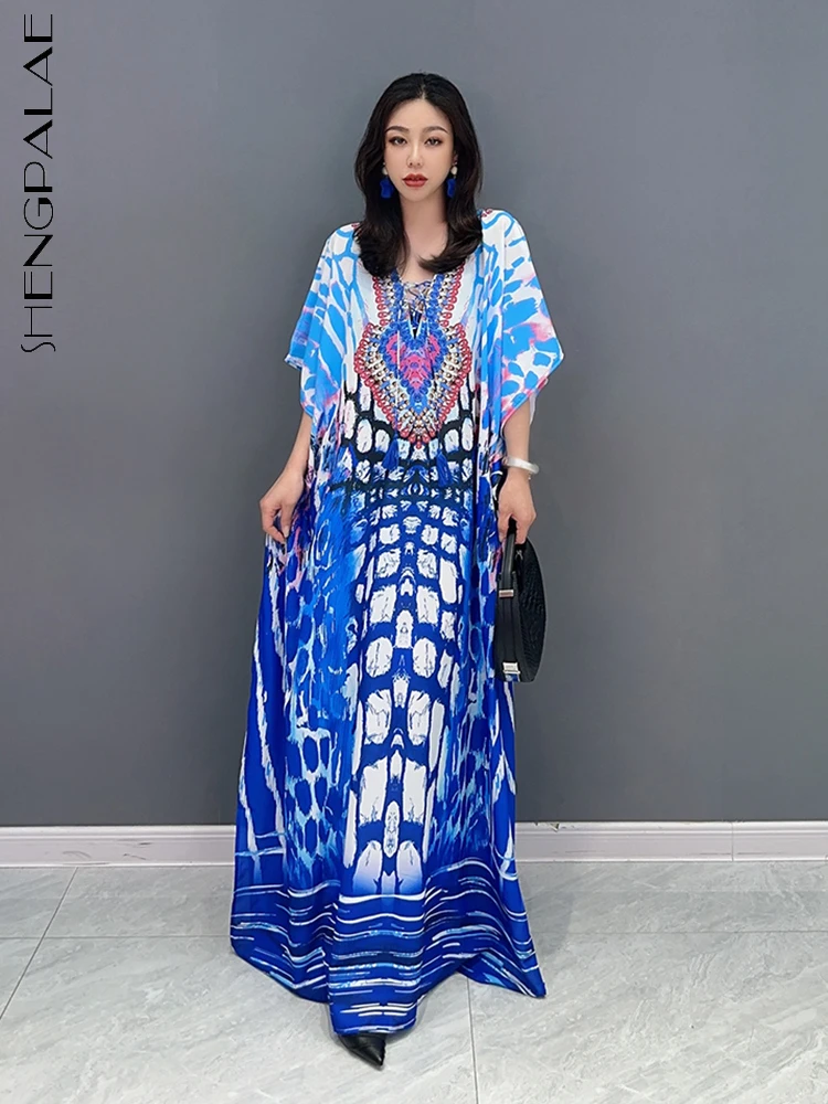 

SHENGPALAE модное платье с разрезом для женщин, v-образный вырез, рукав «летучая мышь», повседневное Свободное платье, универсальный халат, лето 2023, новинка 5R3931