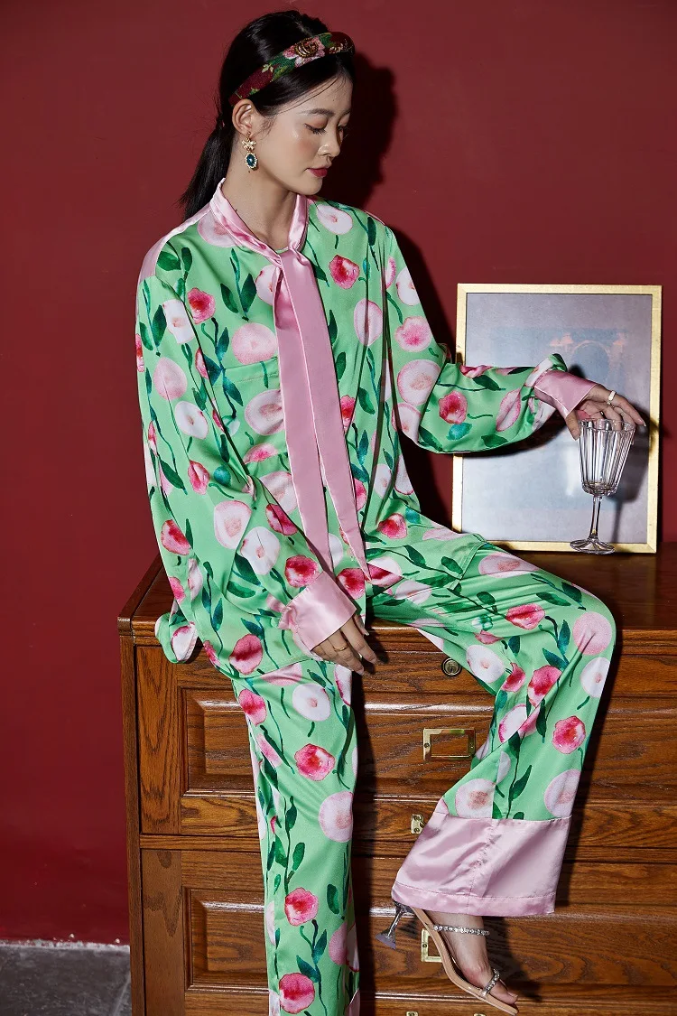 Pastoral print high-quality ice silk long-sleeved trousers women clothing sets summer plus size pijamas women