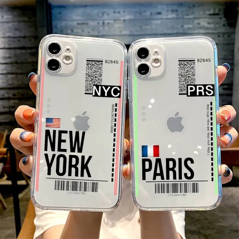 Hot Air Ticket Travel New York London Paris Tokyo Label Phone Case for iPhone 11 12 13 14 Pro Max Mini 7 8 Plus X XSMax XR Cover