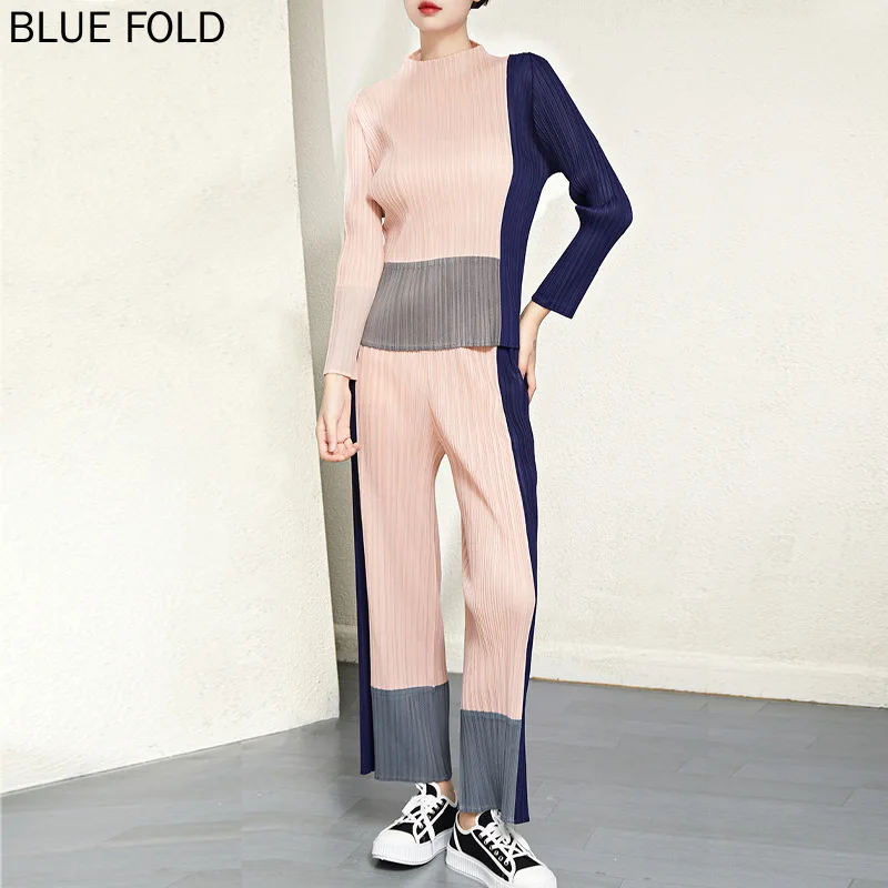 

Костюм с принтом в складку Miyake, новая модная повседневная цветная рубашка, прямые брюки, комплект из двух предметов, брюки со складками, комплект из двух предметов