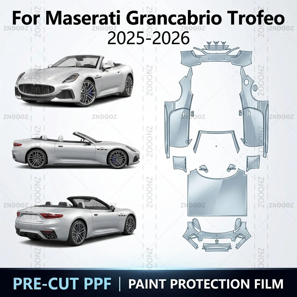 Фото Для Maserati Grancabrio Trofeo 2025-2026: Комплект защитной пленки PPF (8,5 млн миль, предварительно вырезанный) из ТПУ для полной оклейки автомобиля, глянцевый прозрачный/матовый черный №1