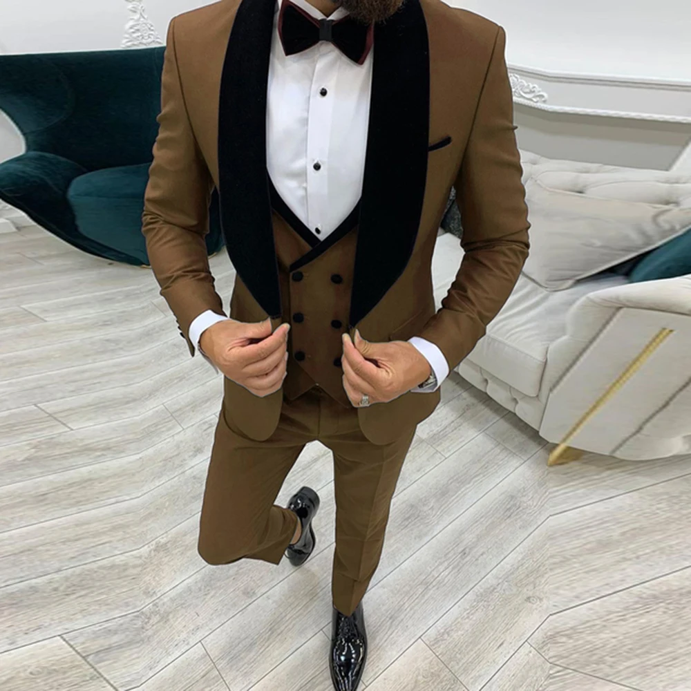 Мужской облегающий костюм для свадьбы черный бархатный пиджак с лацканами жилет