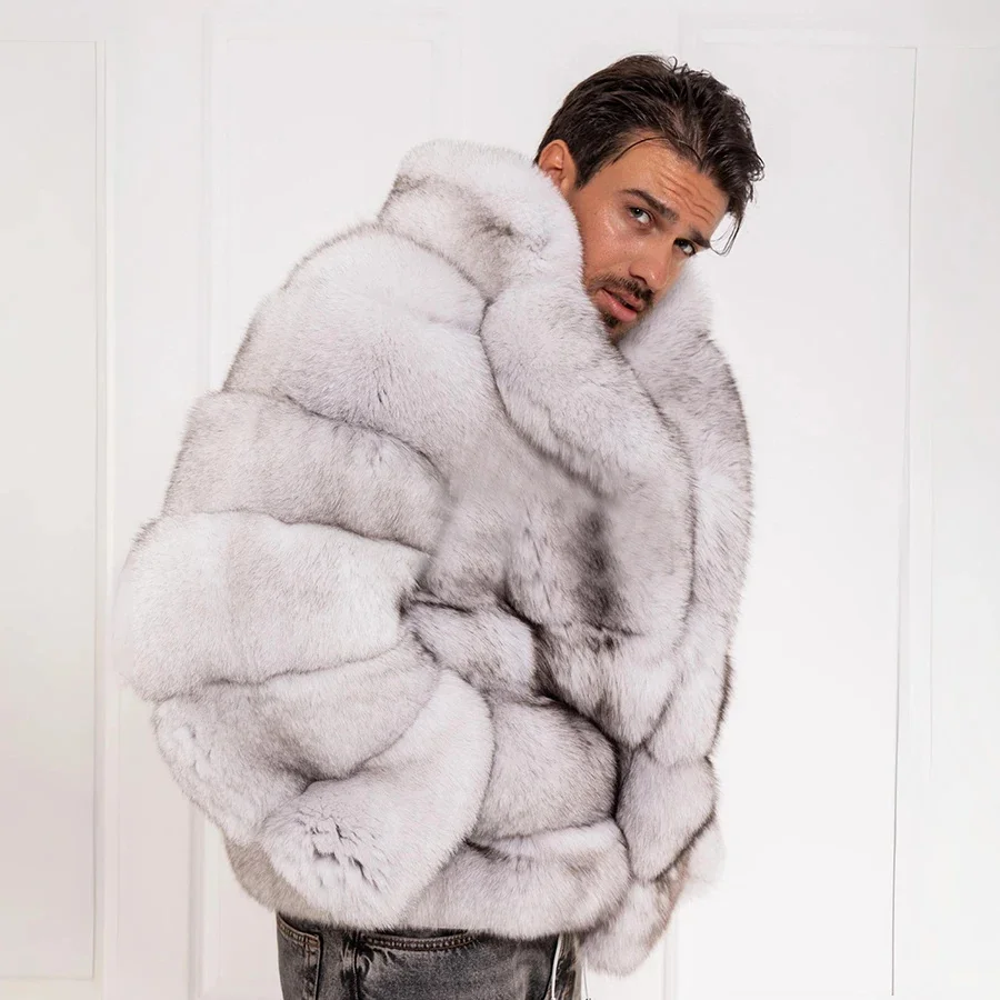 Новая зимняя мужская куртка из натурального синего лисьего меха роскошная