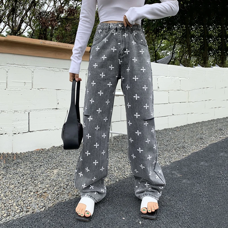 

High Street Jeans Ins Streetwear Vintage Washed Loose Straight Wide Leg Denim Trousers Women's Men's Fashion Cross Print Holes