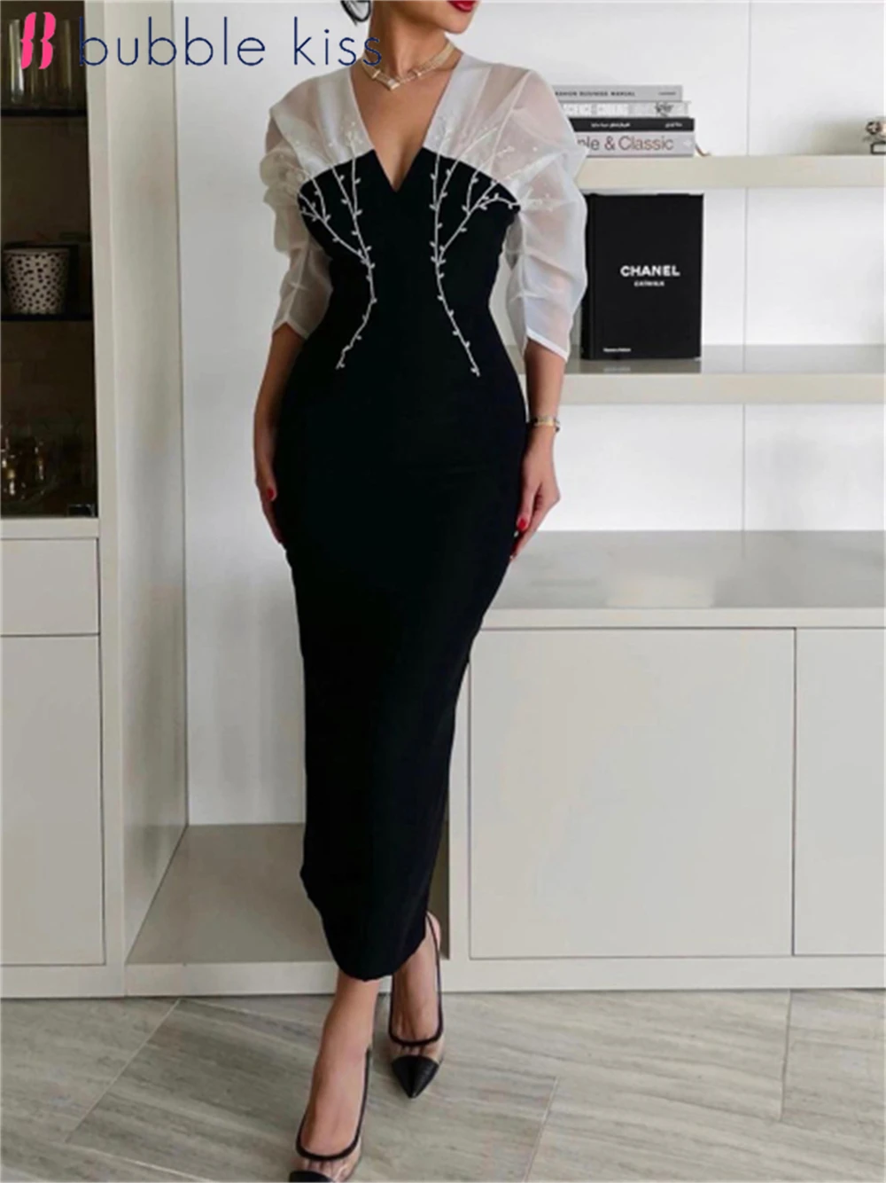BubbleKiss Dress Woman Elegant Embroidery V-Neck Color Matching Fashion Dinner Party Festive Dress Female Commuter