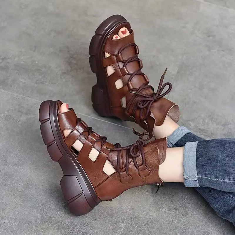 

Roman Platform Sandals Women 2023 Summer New High Rise Breathable Soft Leather Cool Boots Fish Mouth Loose Cake Sole Women Shoes
