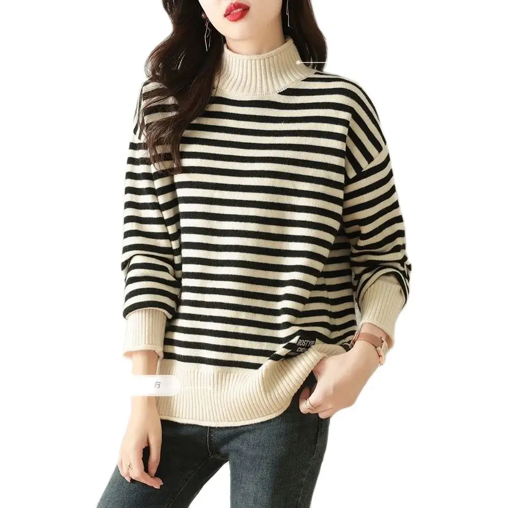 

Black White Striped Half Turtleneck Sweater For Women Clothing Spring Autumn 2023 New Knit Pullovers Loose Girl Jersey Top BC307