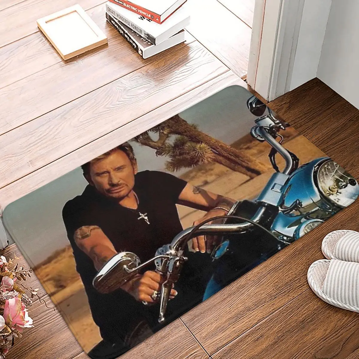 

Johnny Hallyday Rock Music French Singer Bath Mat On His Harley Davidson Doormat Kitchen Carpet Outdoor Rug Home Decoration
