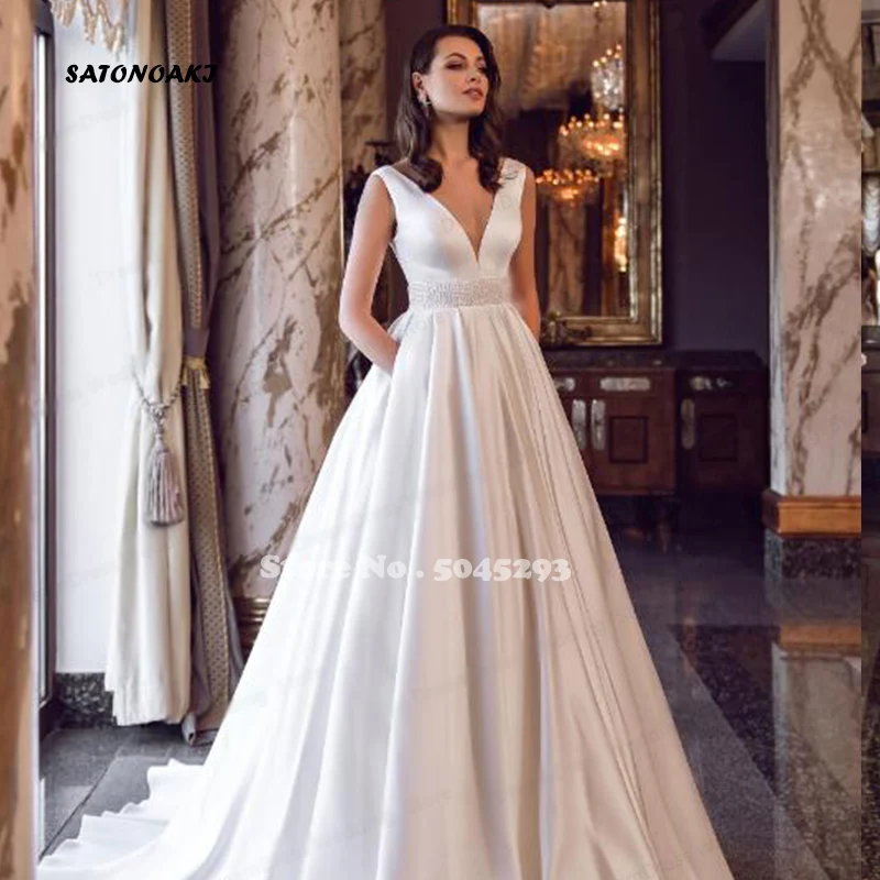 

Elegnat A-Line Satin Wedding Dress V-Neck Sleeveless Crystal Beading Belt With Pocket Lace Up Back Robe De Mariée Vestido Custom