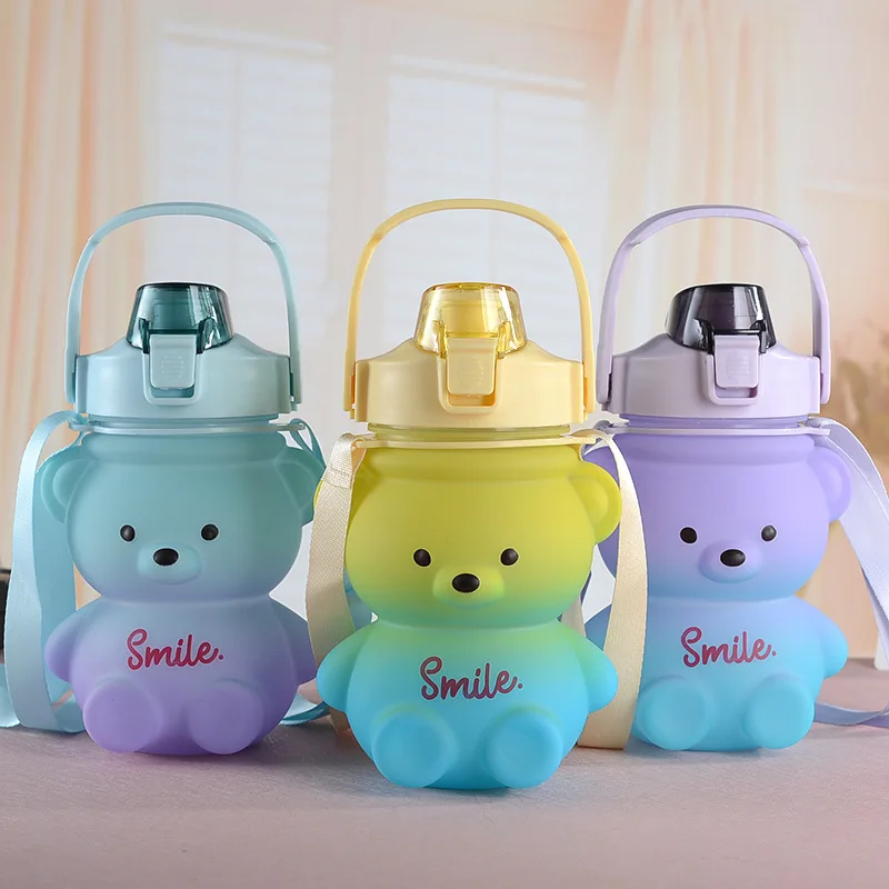 1.1L Bear Straw Water Bottle Summer Outdoor Large Capacity Plastic Straw Drinking Cup Cute Children Water Cup Kawaii Bear Kettle